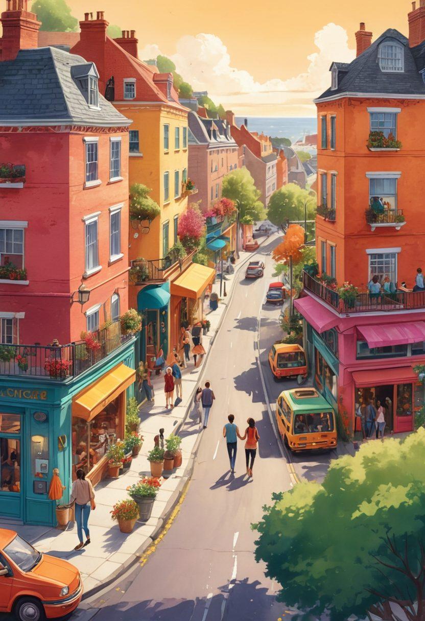 A vibrant illustration depicting a winding road filled with diverse groups of friends and couples engaging in joyful activities, such as laughter, conversations, and playful moments. Encapsulating the essence of connection, with various scenic backdrops highlighting different social settings like parks, cafes, and city streets. The atmosphere should exude warmth and positivity, drawing viewers into the theme of building friendships and romance. vibrant colors. super-realistic.