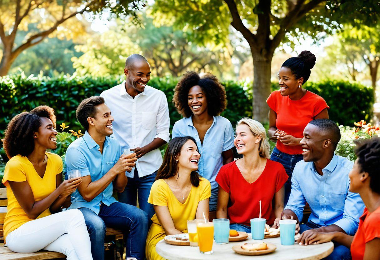 A visually striking collage depicting diverse adults laughing and enjoying casual gatherings in various settings, such as cozy cafes, lively parks, and intimate gatherings. Include subtle hints of intimacy, like a gentle touch or shared glances, to emphasize personal connections. The atmosphere should feel warm and inviting, suggesting both friendship and deeper bonds. Use vibrant colors to evoke a sense of fun and openness. super-realistic. vibrant colors. cozy atmosphere.