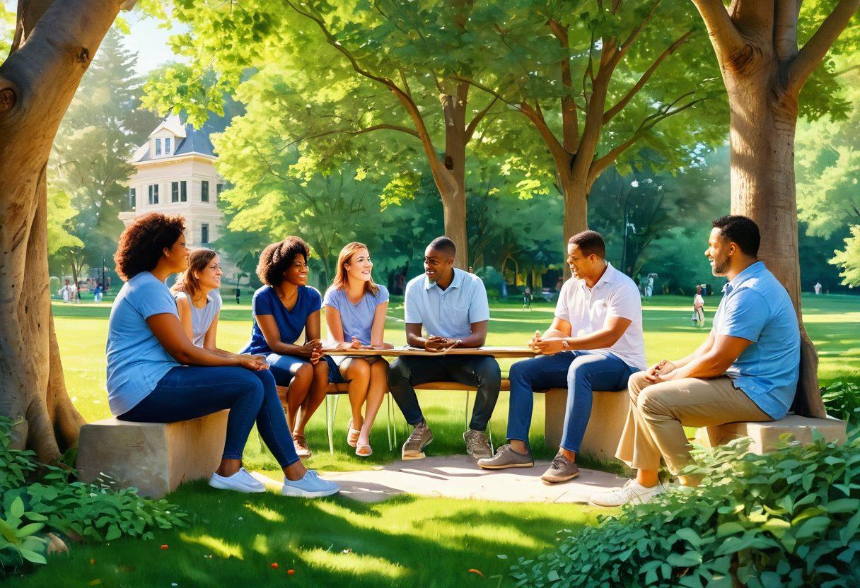 A serene park scene featuring diverse adults engaged in deep conversations, surrounded by nature, sharing laughter and building connections. The background includes lush trees and sunlight filtering through the leaves, enhancing the warm and inviting atmosphere. Incorporate elements of art supplies or sketchbooks scattered around, symbolizing creativity in relationships. super-realistic. vibrant colors. warm tones.